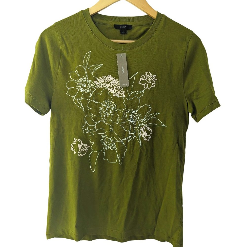 J. CREW | NWT Women's Green Embroidered Floral T-Shirt | Size Small
